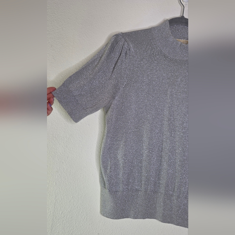 Michael Kors Metallic Silver Mock Neck Short-Sleeve Sweater - Size Large - Picture 5 of 15